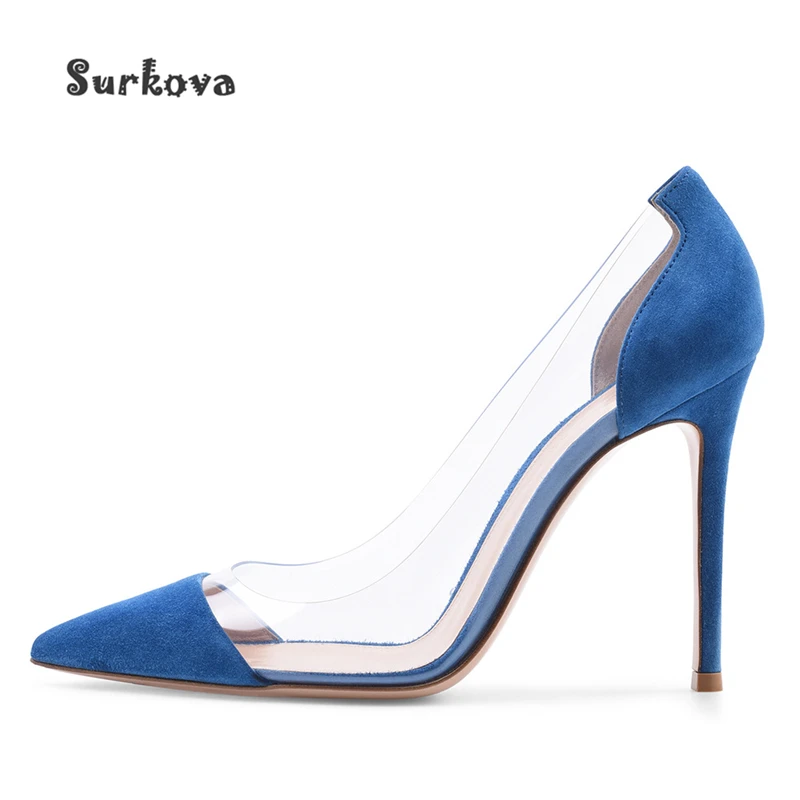 Pvc Pointed Toe High Heels Pumps Mature Thin Heels Single Shoes Women's Fashion Party Office Lady Shoes Blue Black Summer Shoes