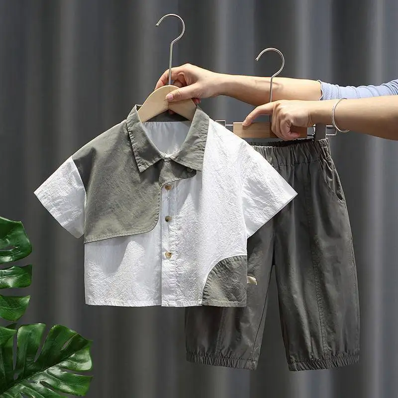 

Summer Boys Cotton Suit New Boy Casual Short-Sleeved Clothes Children's Korean Version Handsome Cotton And Linen Two-Piece Suit
