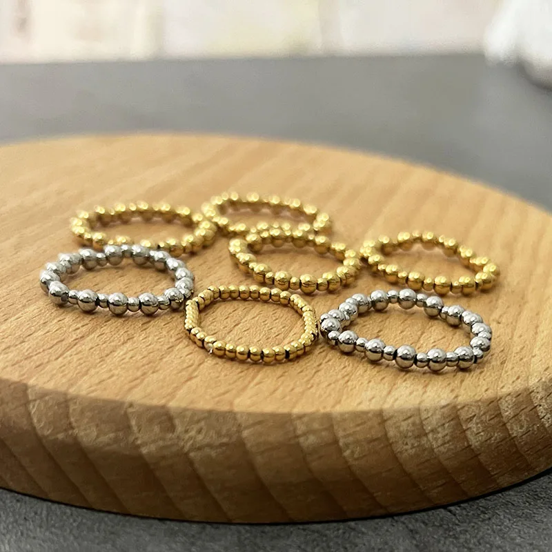 

TPOETRY Stainless Steel Rings for Women Girls Vintage Jewelry Handmade 2-3mm Statement Beaded Ring Stretchy Bijoux Wholesale