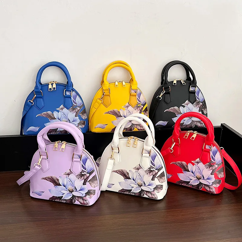 2022 New Vintage printed Shell zipper hand Bags Women Shoulder Crossbody Bags PU Leather Tote Women's Handbags Purses