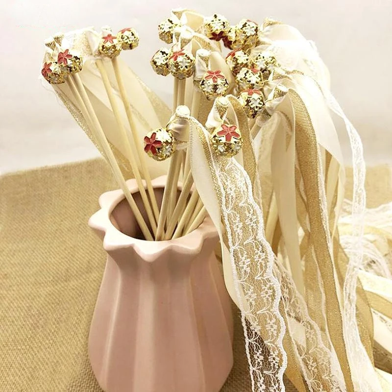 5Pcs Ribbon Wedding Wands Wedding Lace Ribbon Stick Bells Twirling Streamers Valentines Day Birthday Party Supplies Wholesale