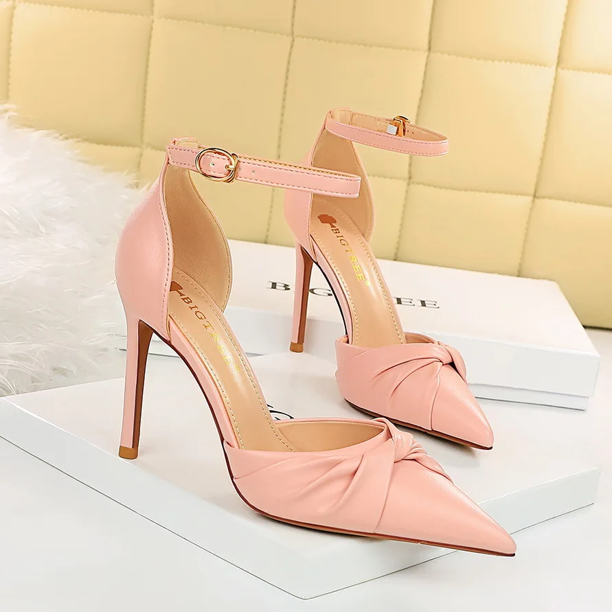 

2021 Sweet Women 10cm High Heel Soft Leather Party Pumps Scarpins Female Pink Black Heels Wedding Shoes Stiletto Big Size 43