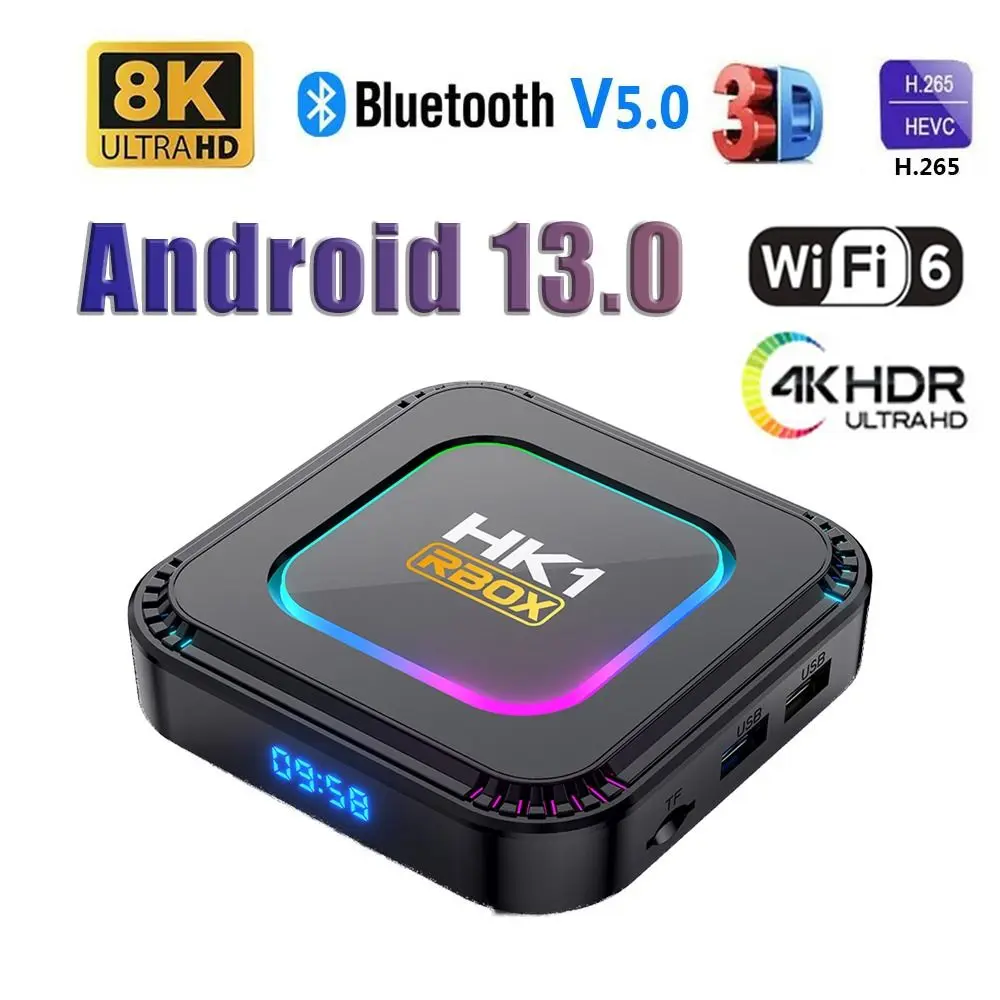 

HK1 RBOX K8 H.265 Media Player 4GB 128GB RGB Light Bluetooth WiFi 6 RK3528 Smart TV Box 8K Android 13