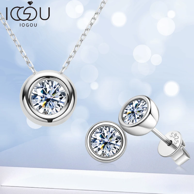 

IOGOU Real 6.5mm D VVS1 Round Moissanite Pendant Neclaces & Stud Earrings Set for Women Men Silver 925 Fine Jewelry Sets Gifts