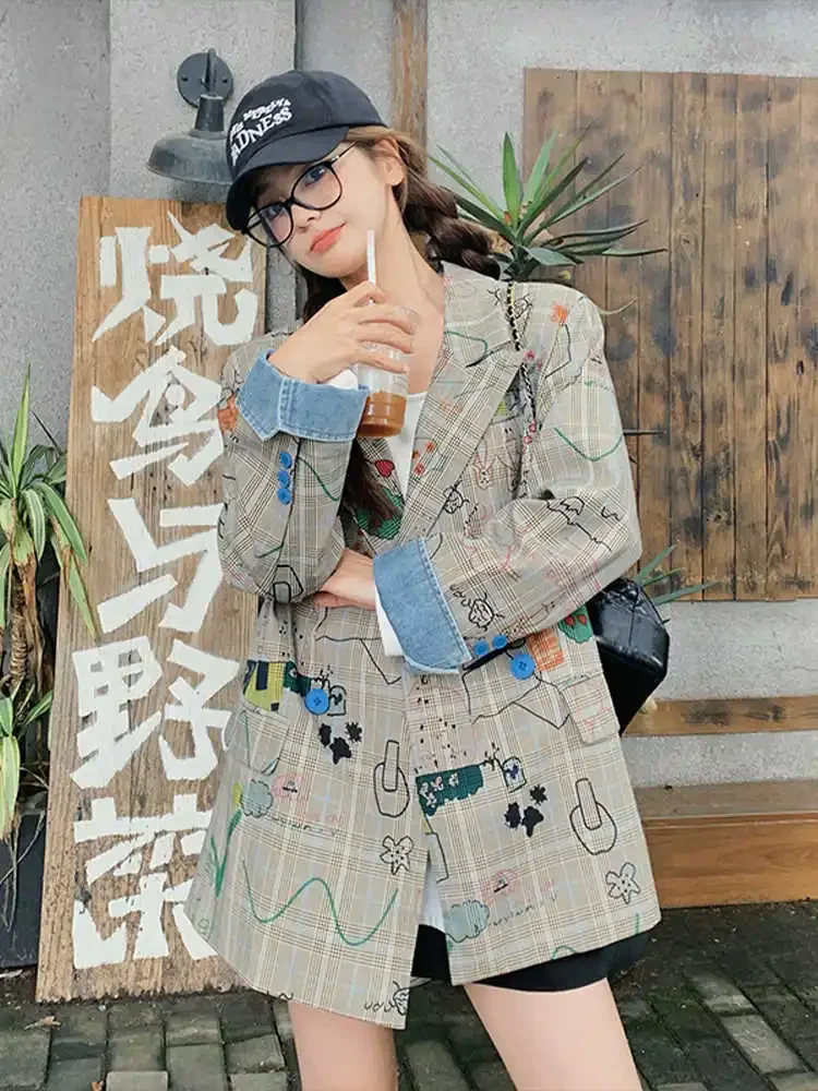 High Street Y2K дизайн граффити клетчатый пиджак куртка свободное пальто на заказ