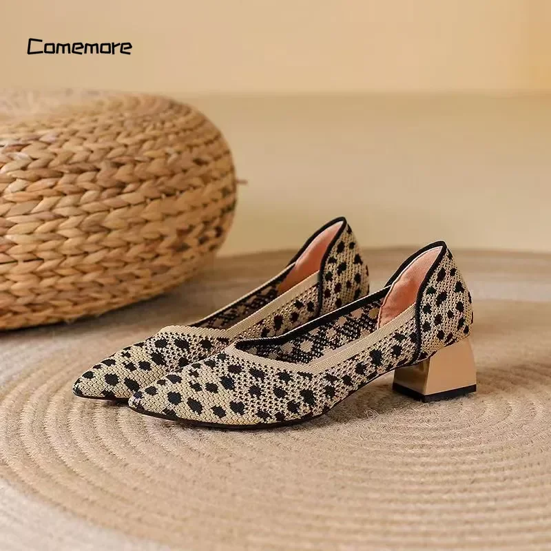 

Женские туфли с острым носком Comemore, трикотажные дышащие Нескользящие туфли на толстом квадратном каблуке, Новинка осени 2023