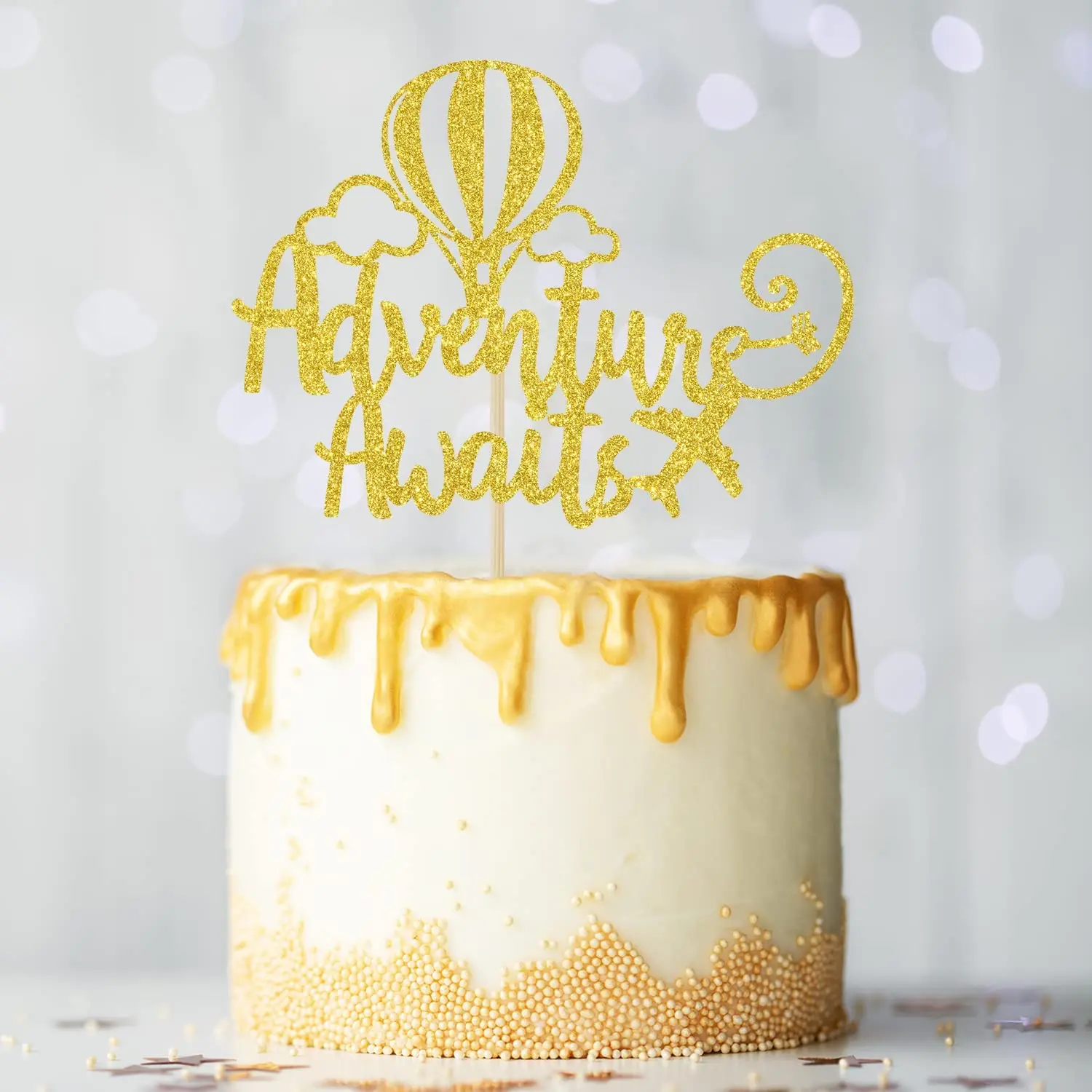 

Золотые блестящие Приключения ждет торт Топпер-поздравления градиент торт Топпер Выпускной/на пенсию/Bon Voyage / Baby Shower