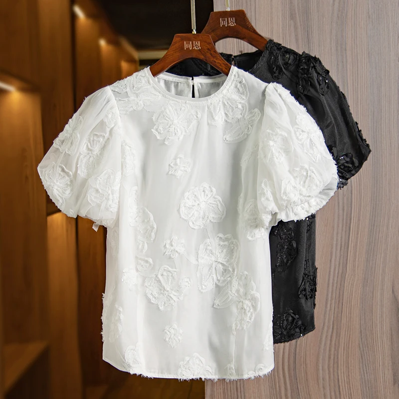 

Bubble Sleeves Fashion White Shirt Women's 2023 Summer Round Neck Design Sense Small Spectacle Sequin Panel Top Women Clothing