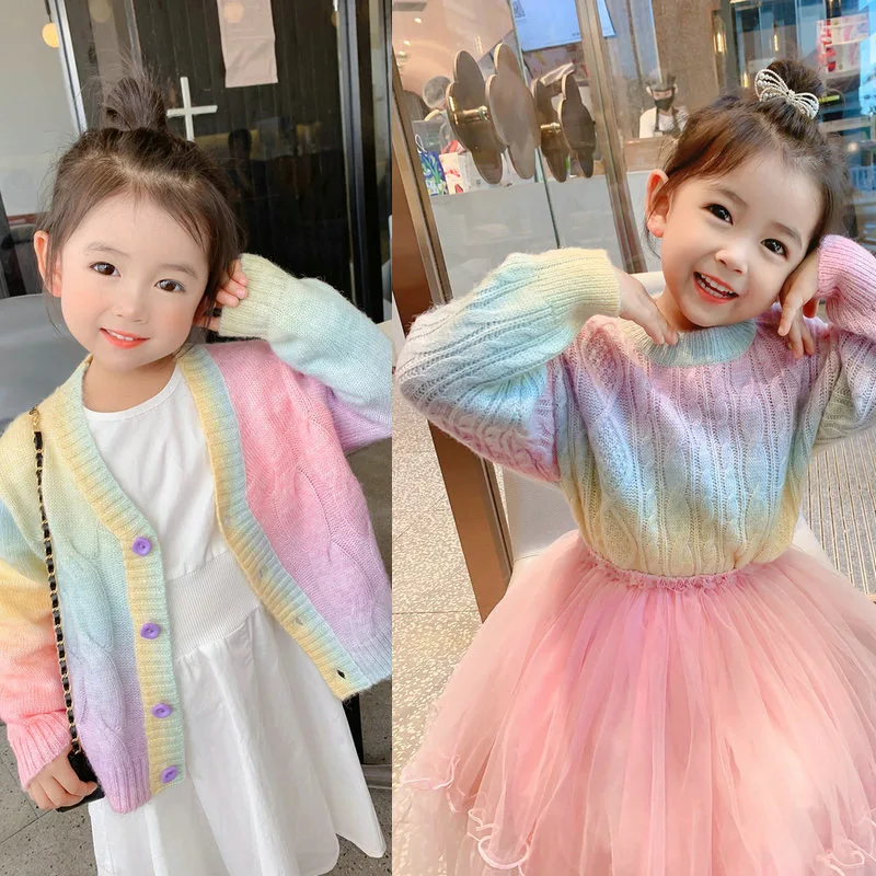 

Girls Rainbow Cardigan Sweater Children Colorful Knitted Pullover Sweater Autumn Winter 4-8 Years Kids Girl Fashion Top Clothes