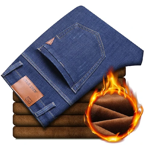 Зимние флисовые теплые мужские джинсы деловая мода прямые синие Стрейчевые джинсовые брюки классические мужские брюки бриджи 28-40