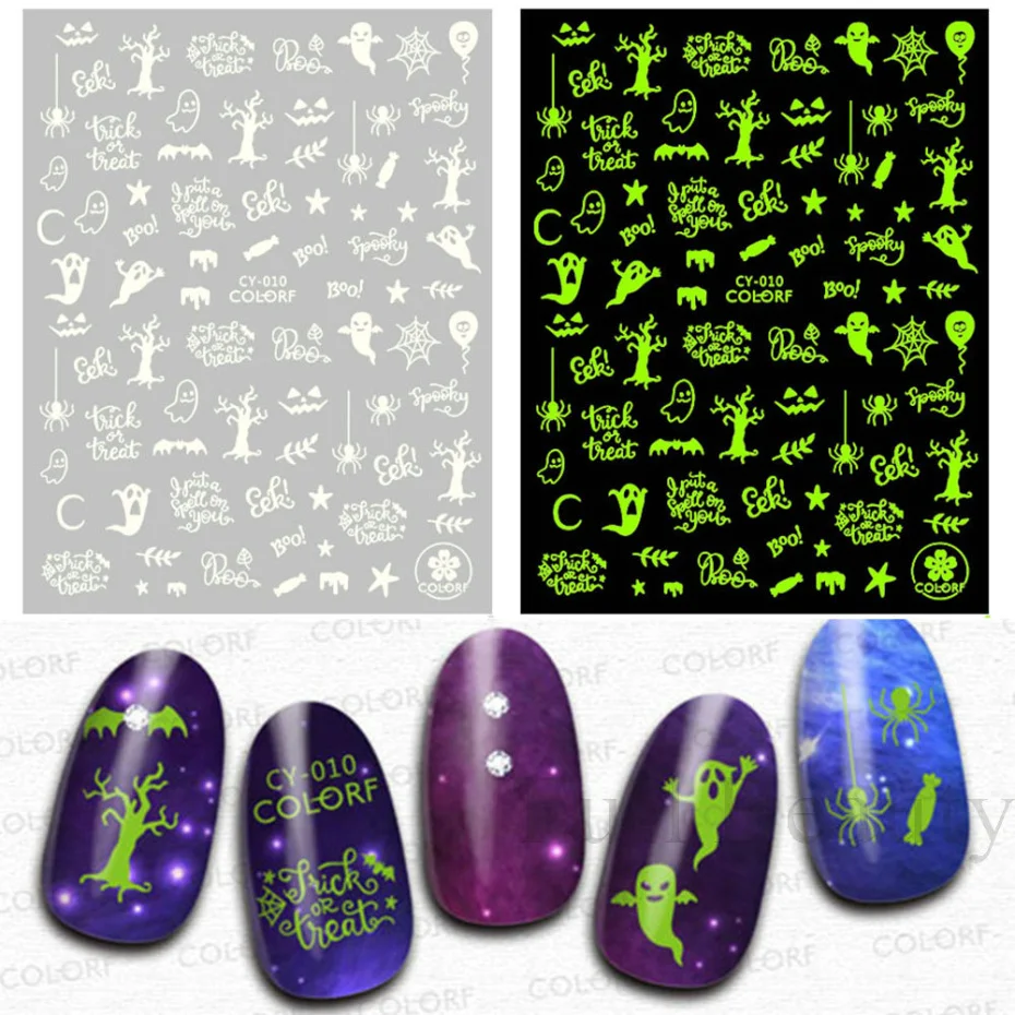 9pcs Glow IN Dark Halloween 3D Nail Art Sticker Set Luminous Spider Ghost Pumpkin Designs Slider Manicure Decoration LACY010-018 - купить по