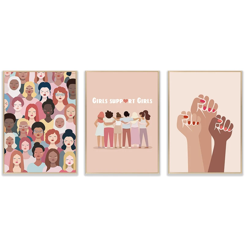 

Nordic Pink Girls Canvas Painting Abstract Feminism Raise Fist Posters and Prints Wall Art Picture for Living Room Home Decor