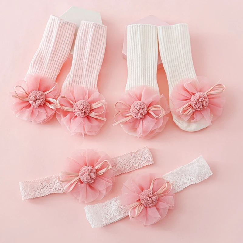 

N80C Baby Lace Headband & Socks Set for 0-2Y Girls Elastic Princess Headdress Toddlers Non-Slip Floor Socks Baby Accessories