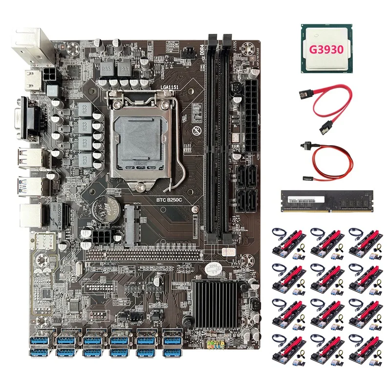 

Материнская плата B250C ETH Miner 12 USB3.0 + G3930 CPU + DDR4 8G 2133 МГц RAM + 12XVER009S Riser + SATA кабель + коммутационный кабель для BTC