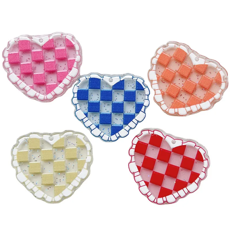 New style 50pcs/lot color grid pattern print cartoon hearts shape acrylic beads diy jewerly earring/garment pendant accessory |