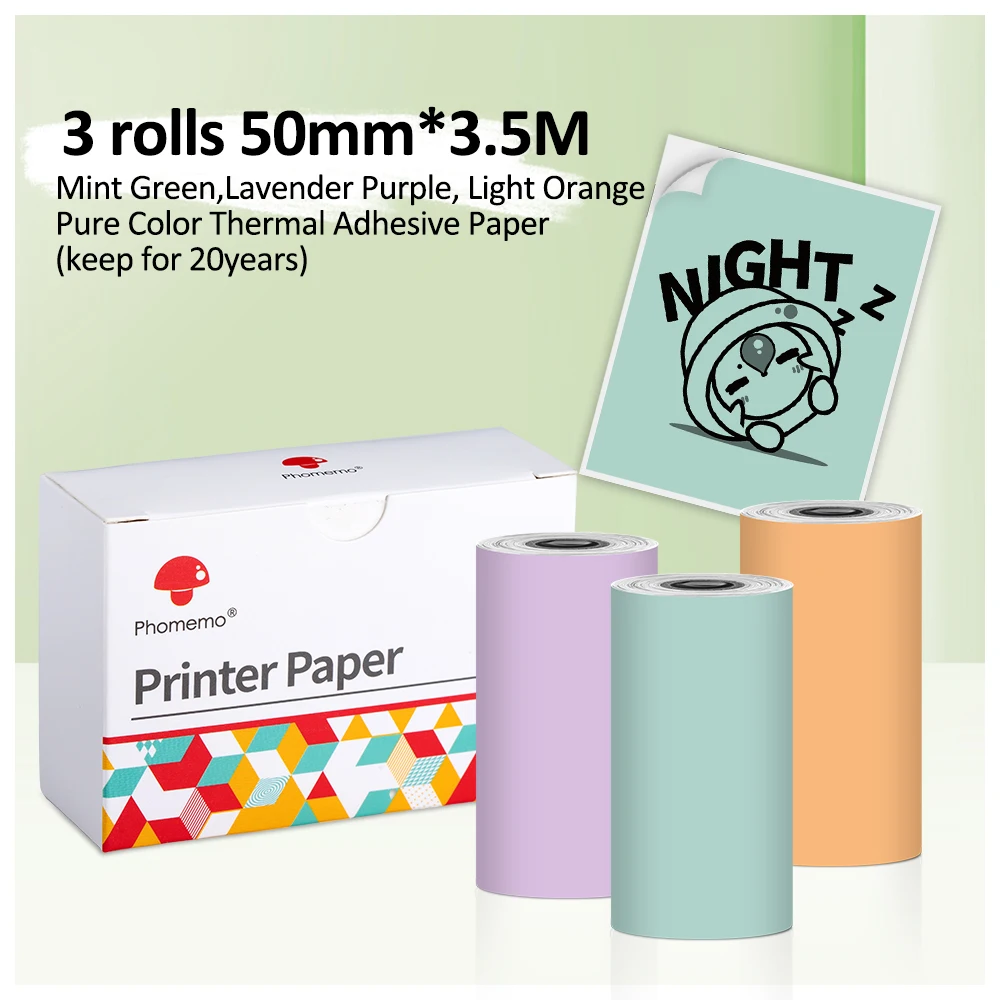 

3 Rolls Mint Green/Orange/Purple Thermal Label Sticker 50mm x 3.5m Waterproof Vinyl Adhesive Paper Phomemo M02/M03 Printer