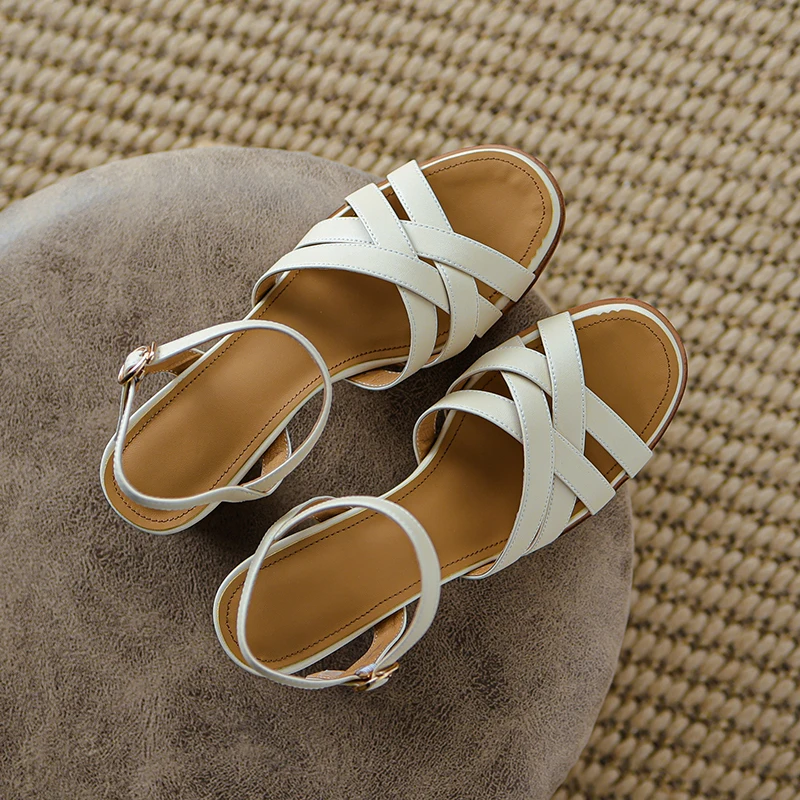 QUTAA 2022 Square Med Heel Elegant Female Sandals Ankle Strap Genuine Leather Peep Toe Summer Women Shoes Big Size 34-39