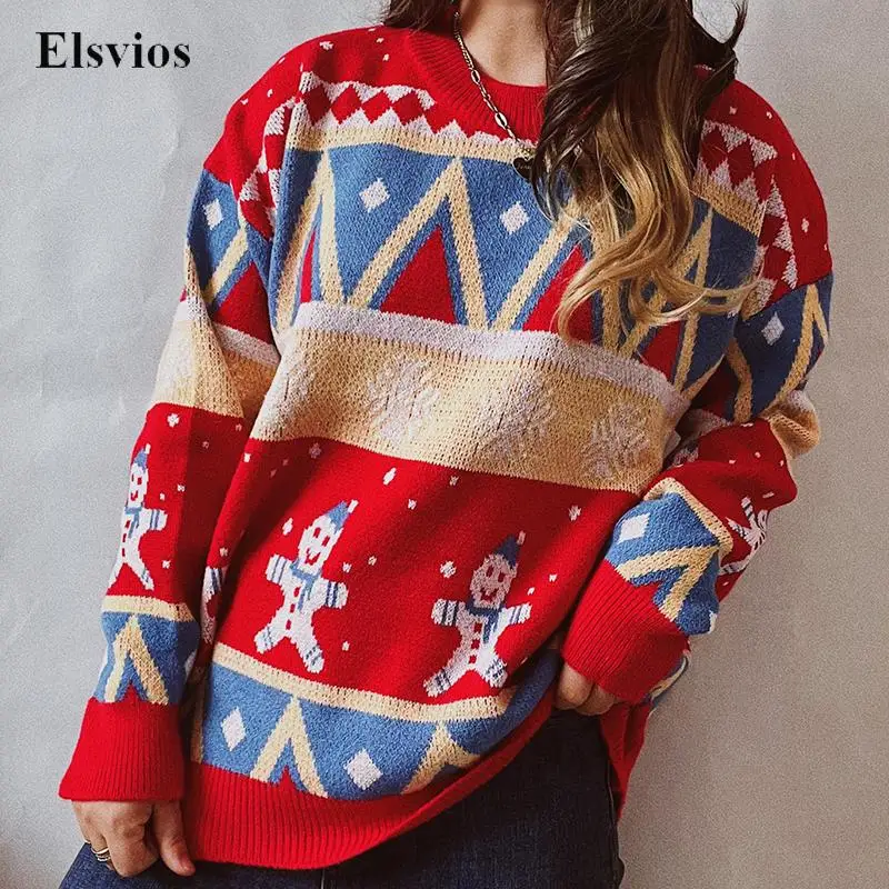 

Женский трикотажный свитер в стиле пэчворк, элегантный Свободный пуловер с круглым вырезом и длинным рукавом, повседневный джемпер на осен...