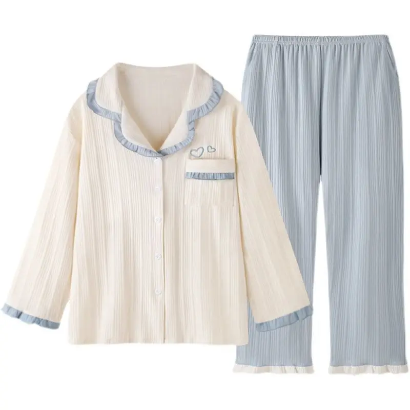 QWEEK Pajamas for Women Cotton Solid Color Heart Embroidery Pijamas Lapel Ruffle Sleeves Sleepwear Home Clothes Pyjamas Pocket