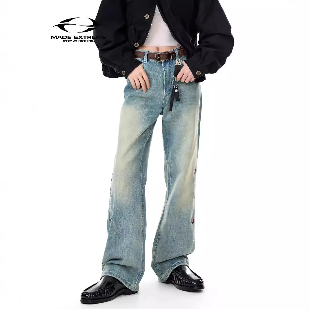 MADE EXTREME Ретро кошачья борода с драгоценными камнями и бусинами прямые джинсы Y2k