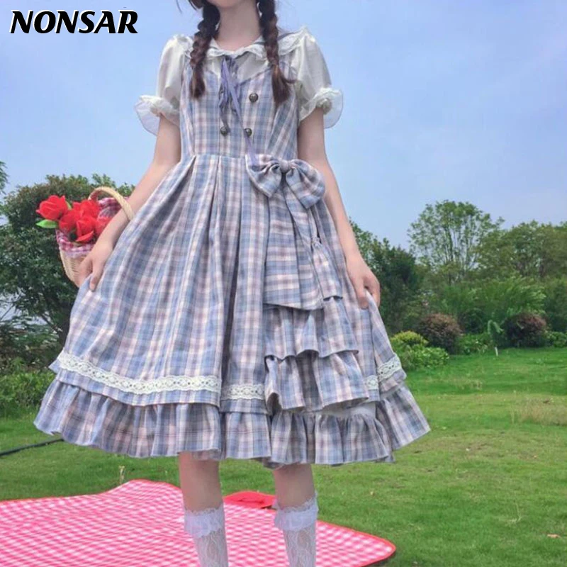 

NONSAR Garden Lolita Dress Classical Navy Collar Plaid Bow Vest Ruffled Fresh For Girl Summer New 2021