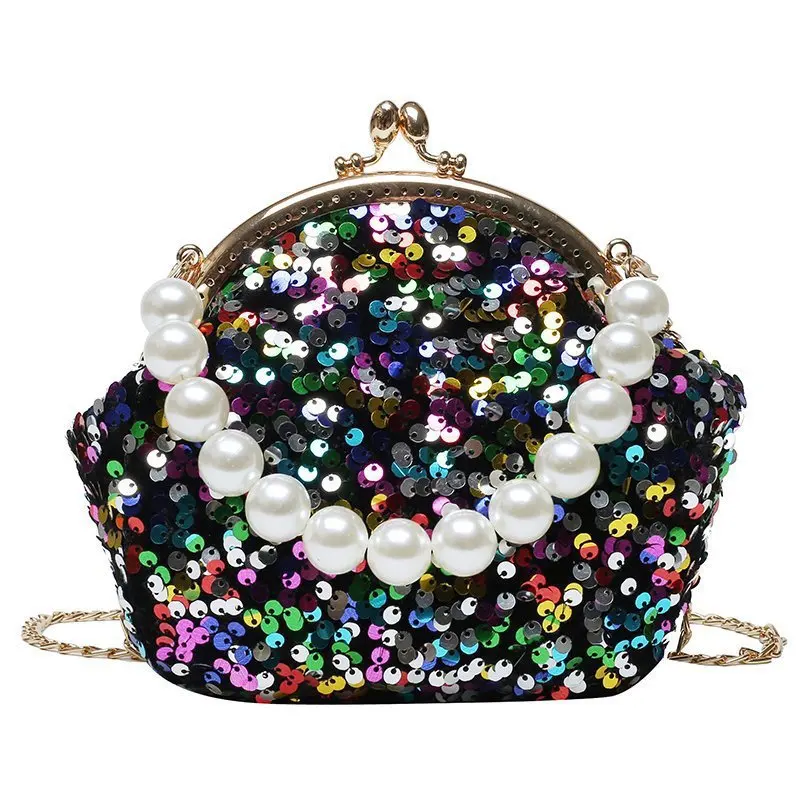 

New Fashion Luxury Shining Sequin Seashell Handbag Crossbody Bag Ladies Pearl Metal Chain Handbag Party Shoulder Bag Purses