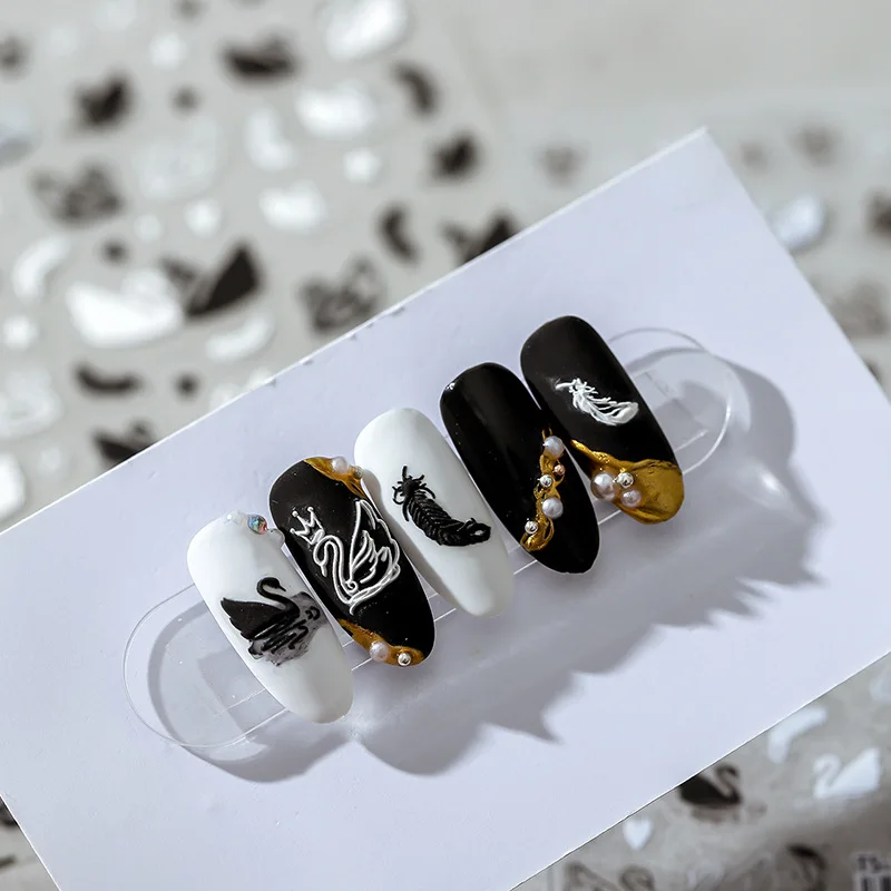 Японские панковские Стикеры для ногтей в виде лебедя черно-белого цвета 5D