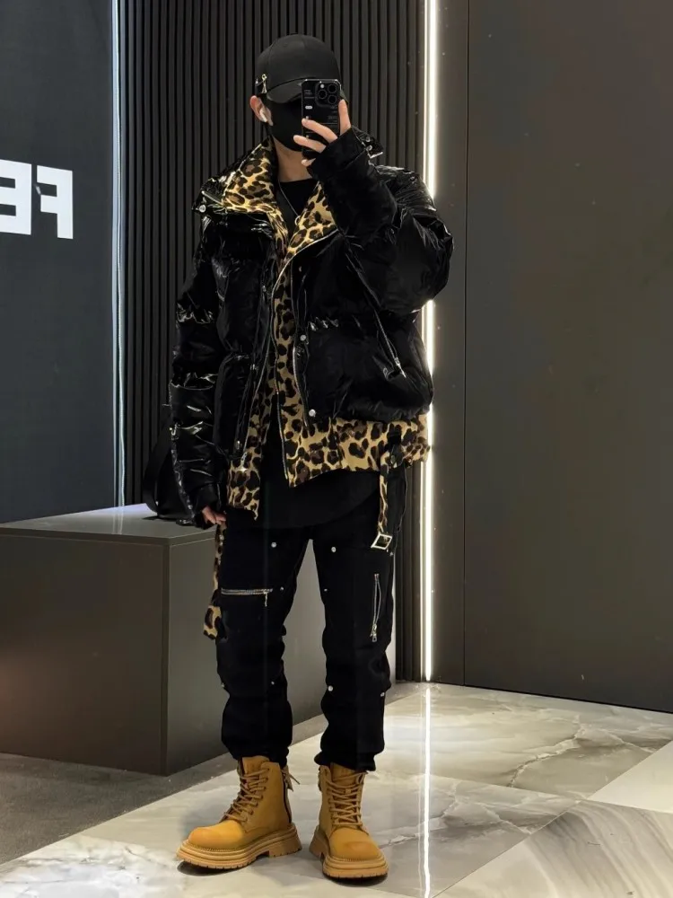 Зимнее мужское пальто модное лоскутное с леопардовым принтом искусственная