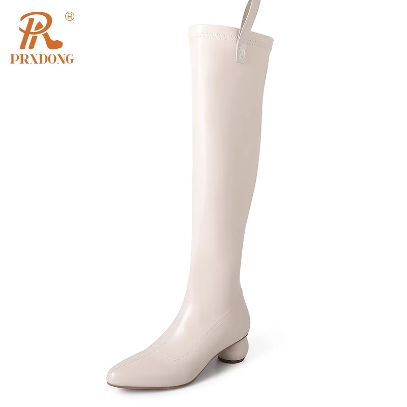 

PRXDONG New Brand Qulaity Leather Autumn Winter Warm Knee High Boots Med Heels Black Beige Dress Party Casual Lady Shoes 34-42