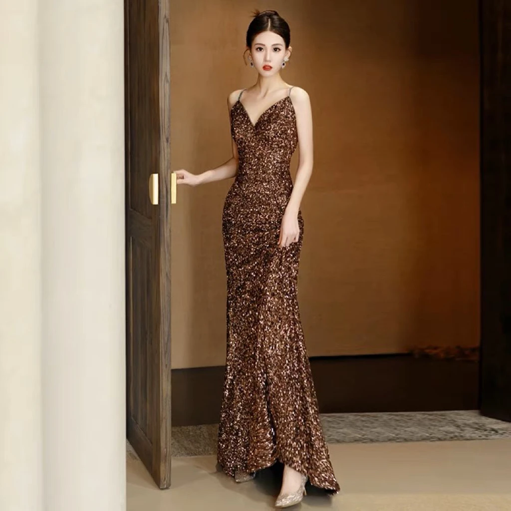 

Shinny Sling Mermaid Brown Sequins Prom Dresses A-Line Floor Length Sleeveless Sexy Backless Women Evening Celebrity Party Gowns
