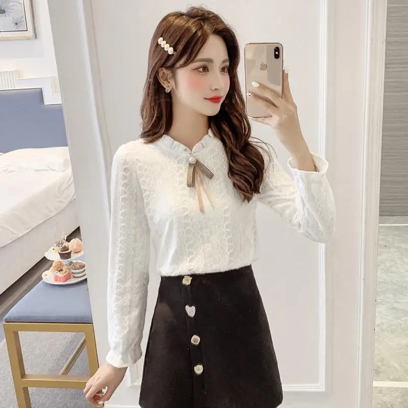 

Lace bottoming shirt blouse female autumn and winter 2022 new foreign farewell jacquard long sleeve o neck bow blouse top