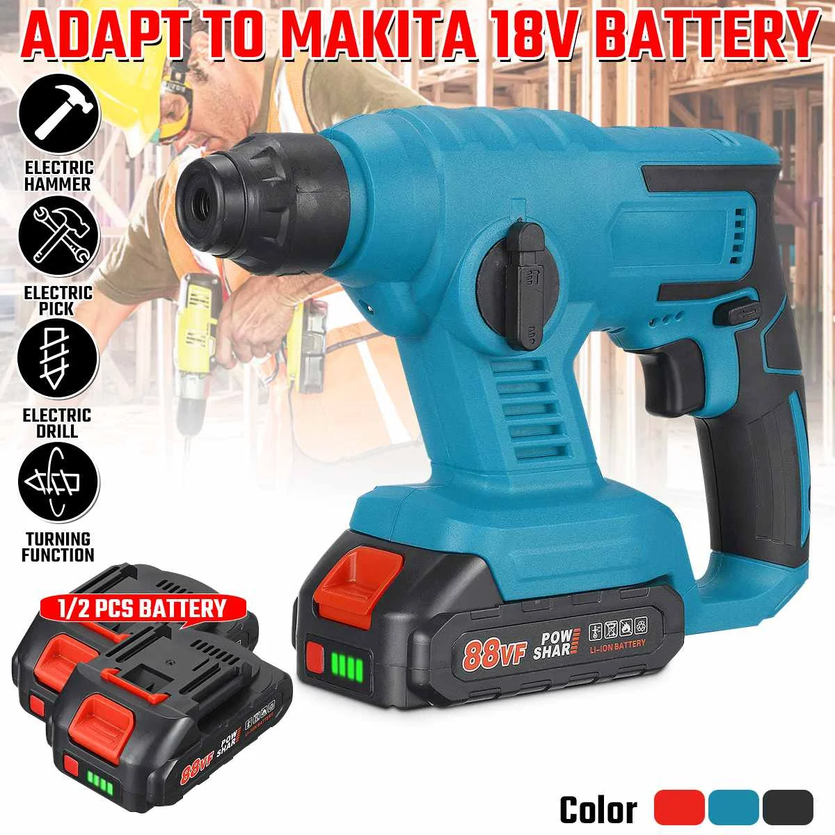 

88VF 1800rpm Cordless Brushless Rotary Hammer Drill Fit 18V Battery