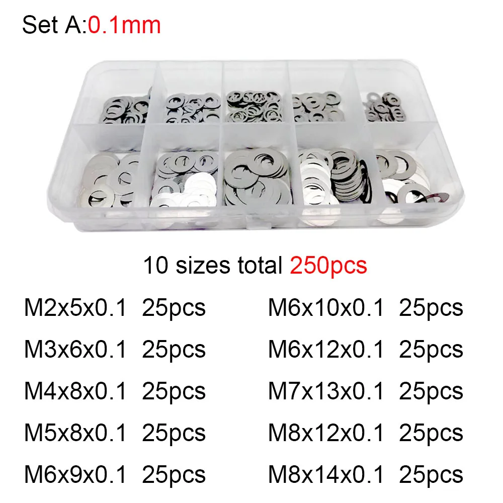 250Pcs DIN988 M2 M3 M4 M5 M6 M7 M8 304 Stainless Steel Ultra Thin Flat Washer Set Adjusting Shim Plain Gasket Assortment Kit Box