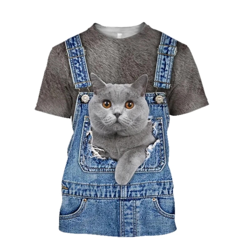 

Летняя футболка с 3D принтом кота, уличная одежда, повседневная мужская и женская модная футболка большого размера с коротким рукавом и круглым вырезом, Детские футболки, топы, одежда