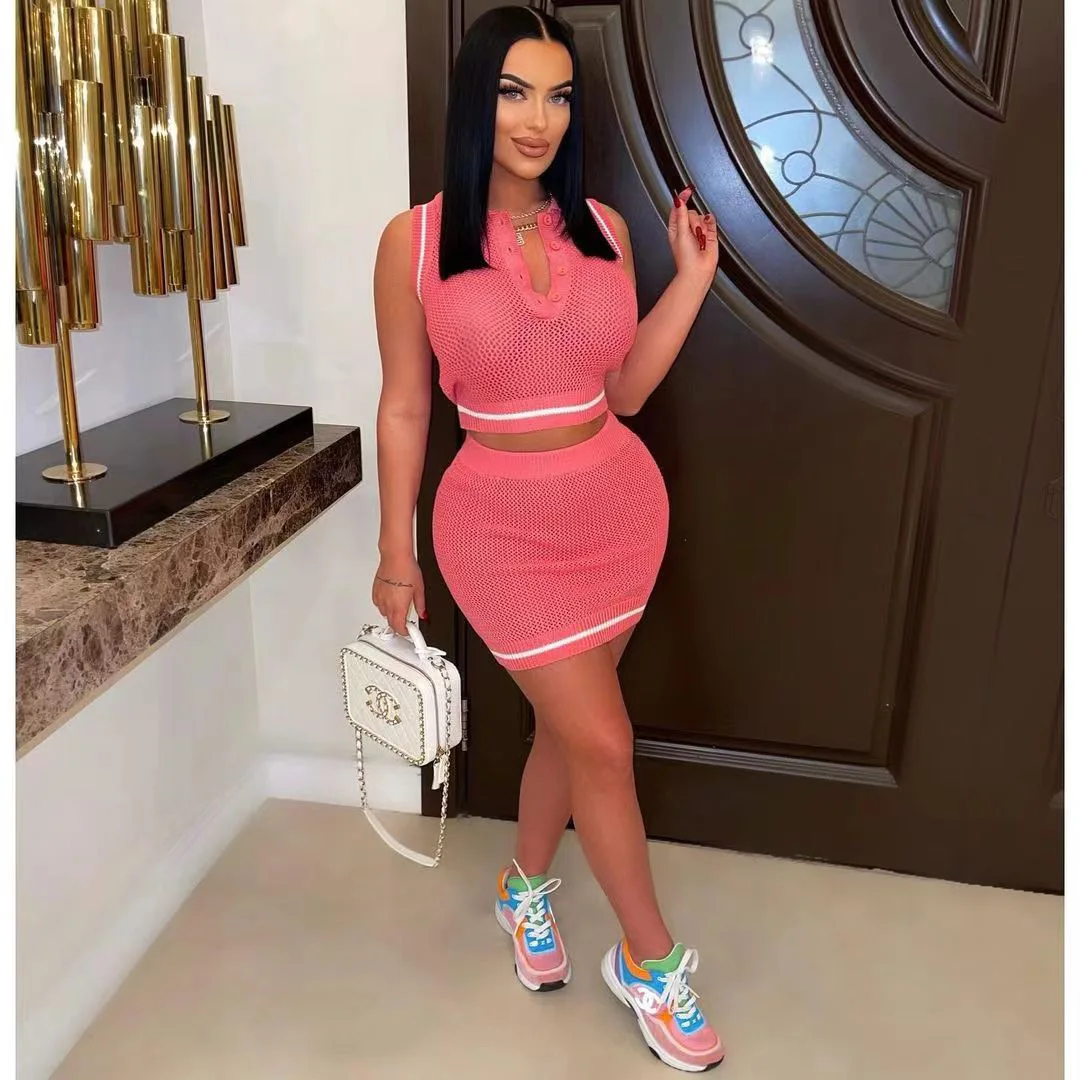 

Knitted Rib Patchwork Baddie Two Piece Set Sexy V Neck Tank Crop Top Mini Skirts Skinny Club Summer Outfits for Women Streetwear