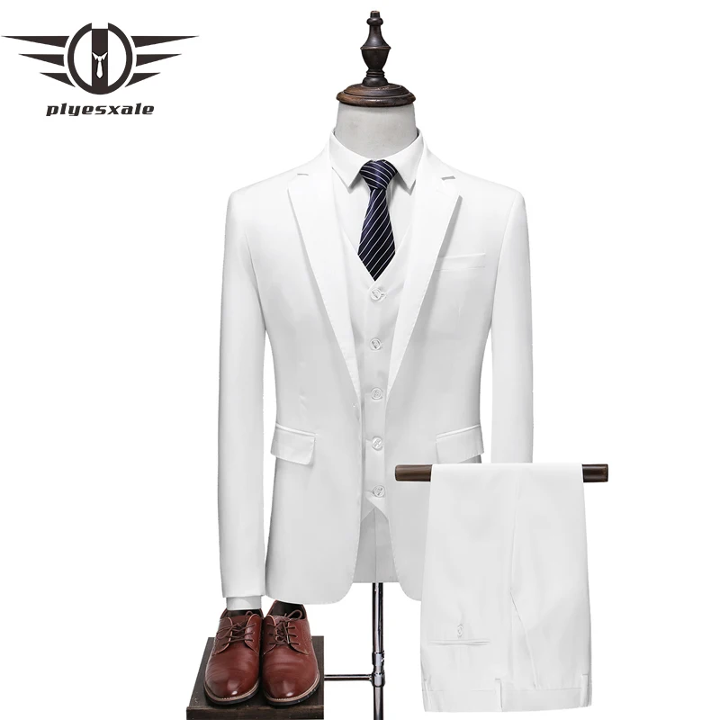 

Фирменные мужские костюмы Plyesxale из 3 частей, облегающие черные, синие, белые мужские свадебные костюмы 2022, высококачественные деловые мужские костюмы Q387