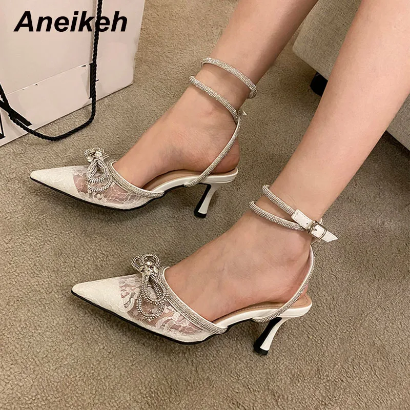 

Aneikeh 2022 Spring/Autumn Classics Women Pumps Sexy Thin High Heel Crystal Butterfly-Knot Decoration Elegant Ankle Buckle Strap