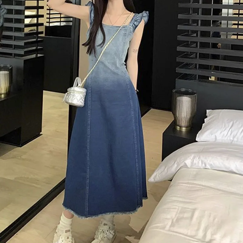 

Summer Denim Long Dress New Fashion Gradient Blue Denim Dress High Waist Slim Fit Midi Dress Korean Women's Clothing