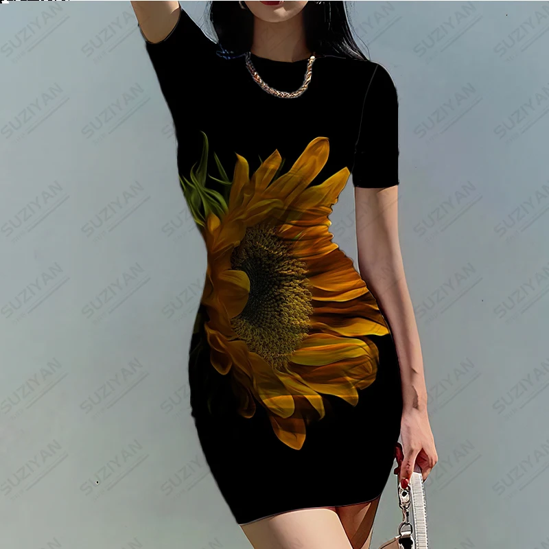 

2023 Summer New Fashion Women's 3D Printing Sunflower Flower Temperament Sexy Style Women's Tight Round Neck Short Sleeve Dress