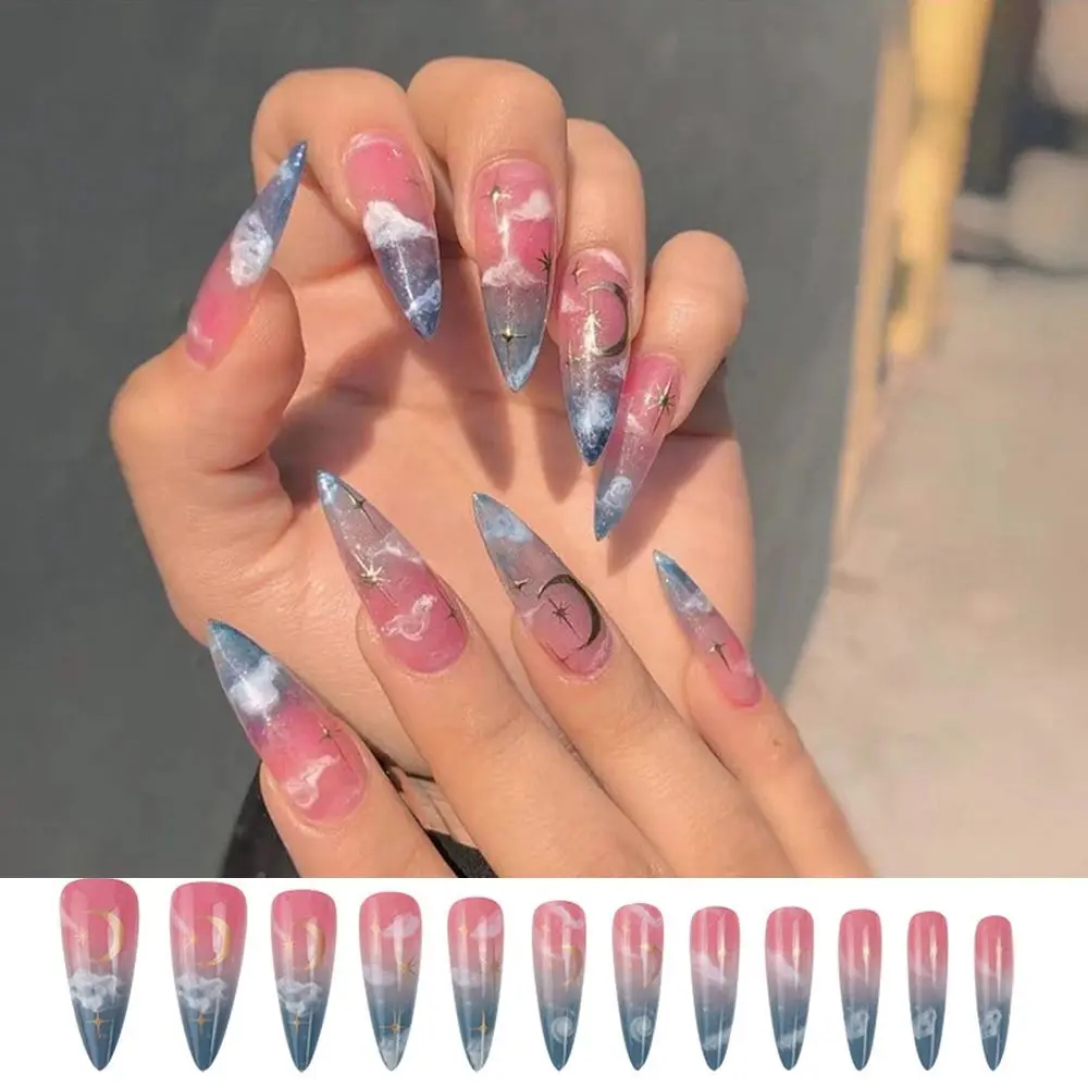 

Press On Nails Artificial Full Cover Detachable Wearable Nail Tips Moon Star Fake Nails Almond French False Nails