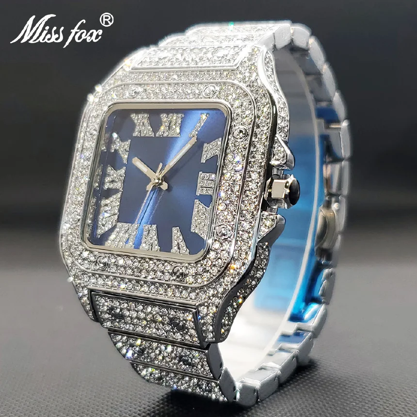 

Quartz Watches Luxury Iced Out Diamond Blue Dial Square Watch For Men Women Party Jewelry Waterproof Unisex Clock Lover Gift