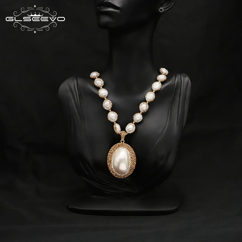 

GLSEEVO New Natural Baroque Shaped Pearl Women Jewelry Necklace Rhinestone Inlaid Luxury Banquet Party Dress Accessories Gift