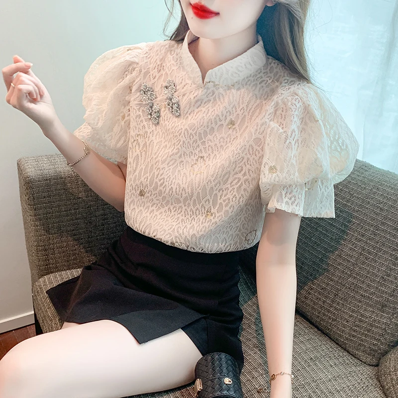 

womens shirts Retro Stylish Casual Lace Puff Sleeve Blusa Women Summer Korea Beading Blouse Femme Solid Sequined Shirt