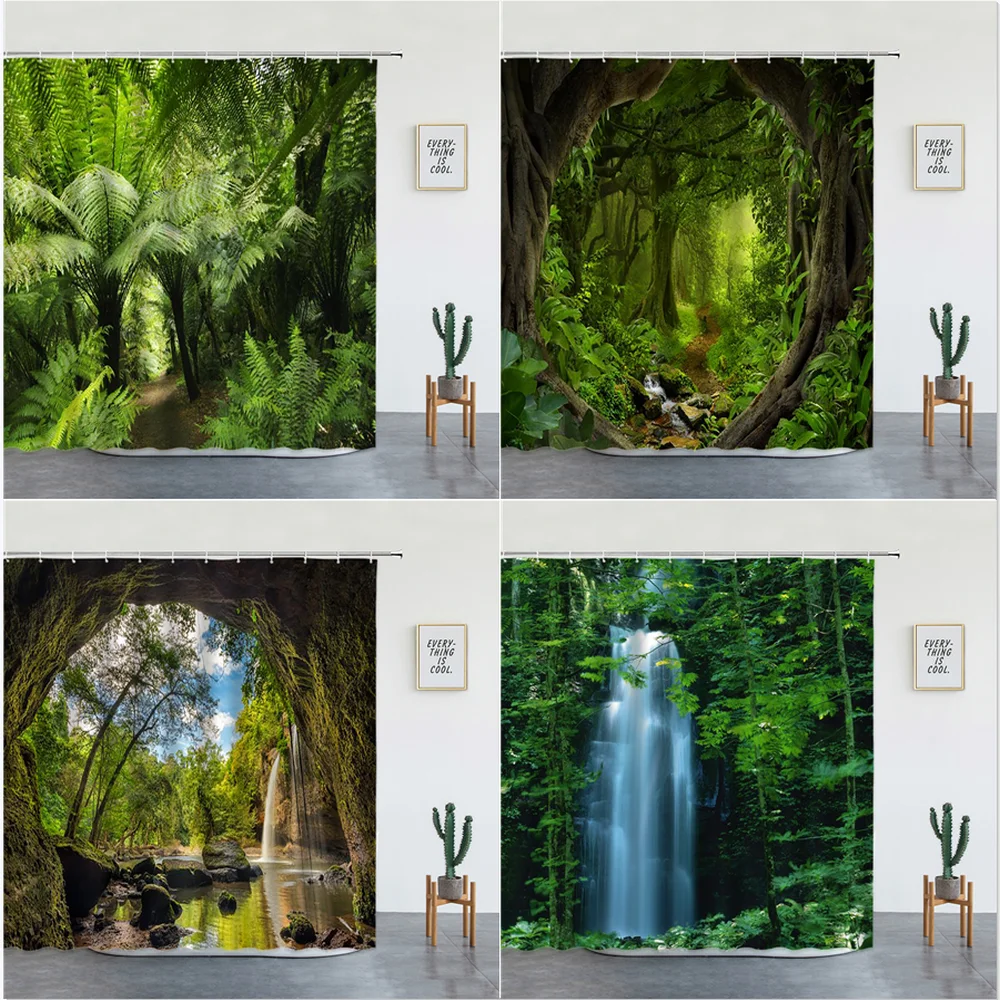 

Tropical Rainforest Print Pattern Shower Curtain Forest Falls Beautiful Natural Landscape Bathroom Shower Curtain with Hook