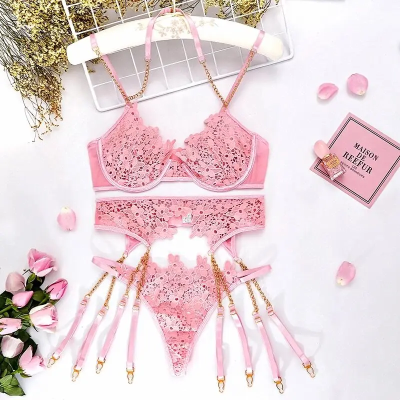 MeiKeDaiNicey 2021 3-Piece Lace Bra Set Women Chain Embroidery Bra Underwire + Thong Underwear Set Ladies Pink Sexy Lingerie Set