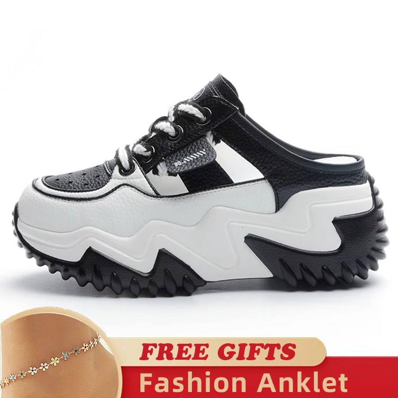 7cm Genuine Leather Slides Hollow Ladies Summer Slippers Female Breathable Ankle Boots Women Platform Sandals Wedge Woman Shoes