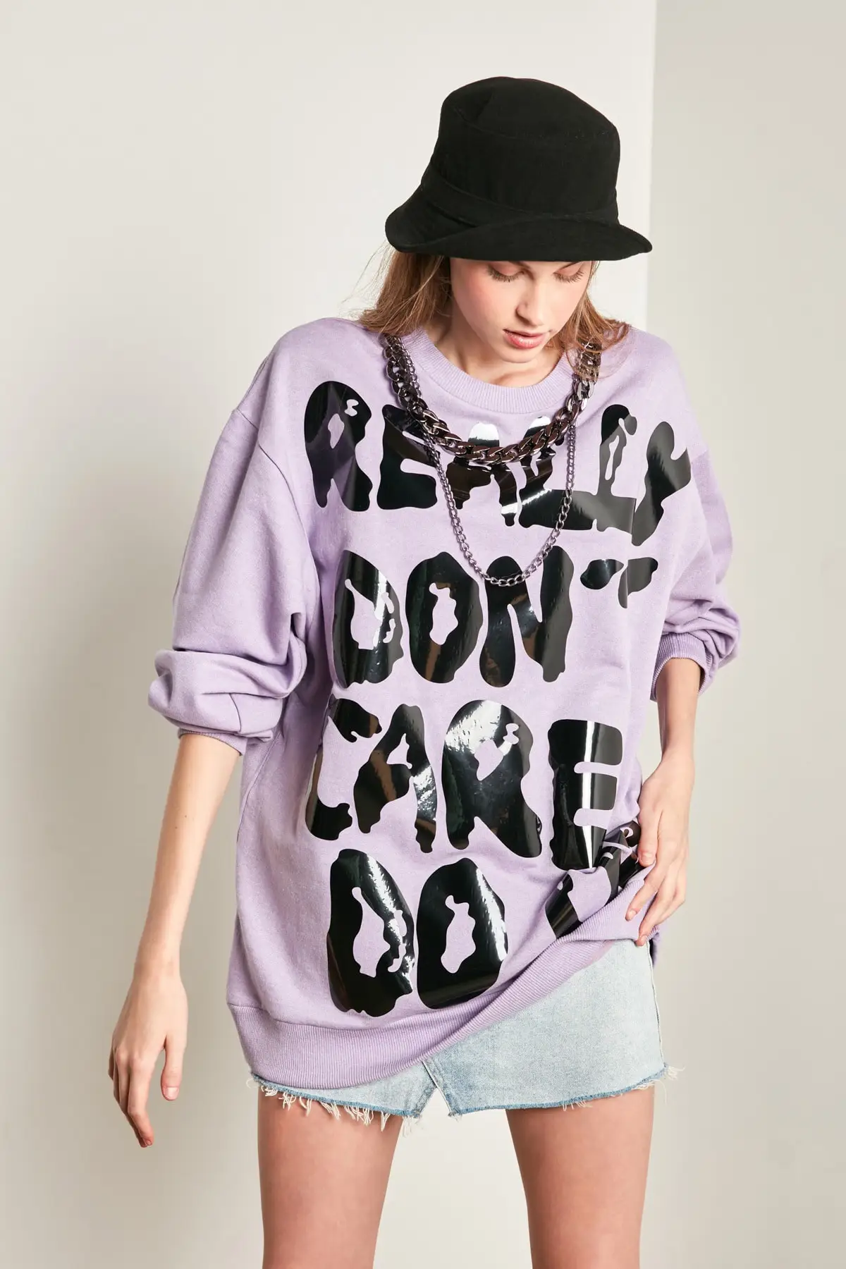 

Women's Sweatshirt Lilac Black Glossy Printed Double Chain Oversize Hoodies Fashion All Season New Pullovers Fleece lovers Fleece