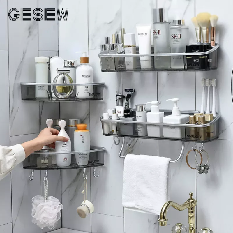 

GESEW Multifunction Storage Shelf For Bathroom Home WC Shampoo Towel Rack With Hooks Corner Shelf Organizer Bathroom Accessories