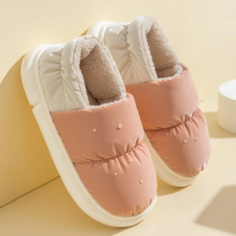 

Waterproof Women Slippers Winter Home Indoor Bedroom Couples Slippers Cotton Shoes EVA Outdoor Down Cloth Thick Platform Slides