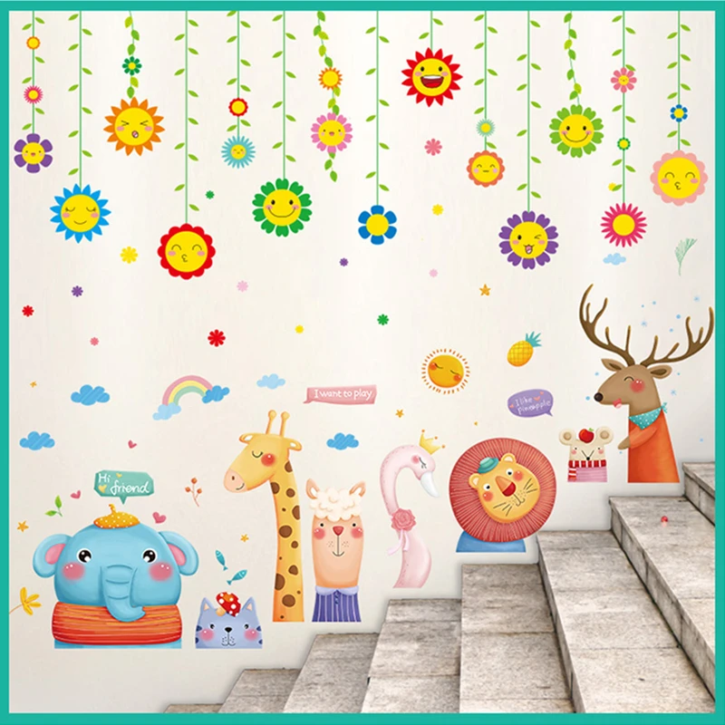 

Cartoon Animals Wall Stickers Vinyl DIY Flowers Plants Mural Decals for Kids Rooms Children Bedroom Nursery Home Decoration